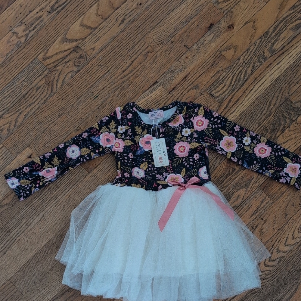 Floral Long Sleeve Kids Dress with Tulle Skirt